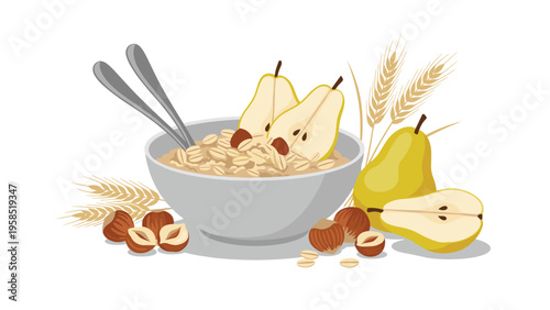 Healthy breakfast bowl of oatmeal porridge with pear slices hazelnuts and wheat stalks on a light background.