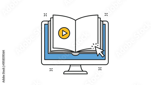 Computer monitor showing an open book with a play button representing online education and video tutorials.