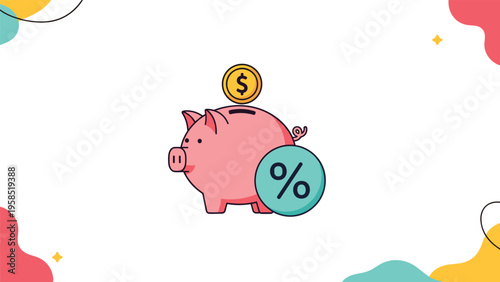 Pink piggy bank with a gold coin and a percentage sign icon representing savings investment and banking concepts.