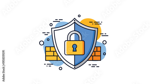 Security shield icon with a padlock and brick walls symbolizing cyber protection and firewall technology.