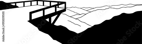 Black and white vector landscape, minimalist mountain scenery, simple illustration, dock on water