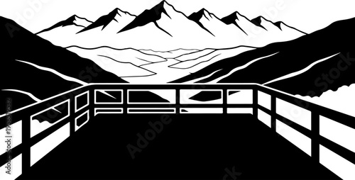 Mountain landscape, scenic viewpoint, black silhouette, vector illustration, railing, mountains