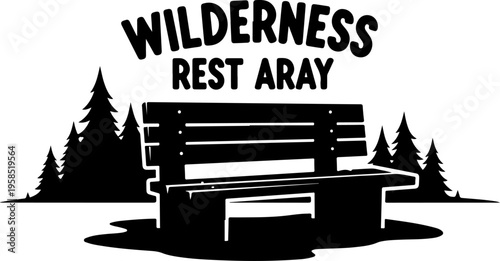 Black silhouette wilderness bench, outdoor rest area, forest scene, vector icon