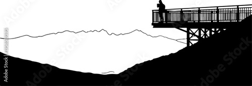 Black silhouette, person on observation deck, mountain landscape, scenic viewpoint, vector illustration