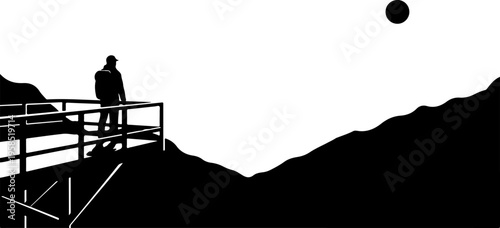 Silhouette of man on mountain platform, black and white landscape, vector illustration, scenic view