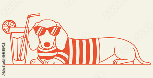 Stylish dachshund dog wearing sunglasses and a striped shirt relaxing next to a tall cool beverage with a slice of citrus fruit for a refreshing summer break