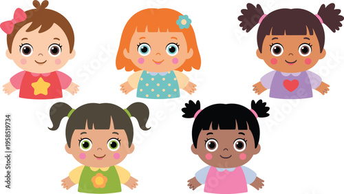Cute diverse baby girl characters set with different hairstyles and ethnicities for kindergarten education or nursery school decor vector.