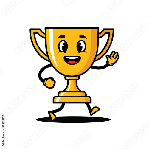 Smiling cartoon trophy with arms and legs.