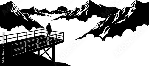 Black silhouette mountain landscape, person on platform, scenic view, vector illustration