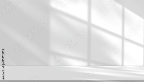 White background,Wall texture,studio interior room and grey floor,Soft light,leaf shadow on window,Empty space,3d podium for product display,Minimal abstract backdrop for cosmetic,Modern home design
