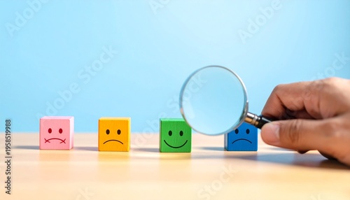 Conceptual Flat Lay of a Magnifying Glass Inspecting a Row of Multi-Colored Emoji Blocks, Highlighting a Green Happy Face Among Pink, Orange, Blue, and a Red Sad Face