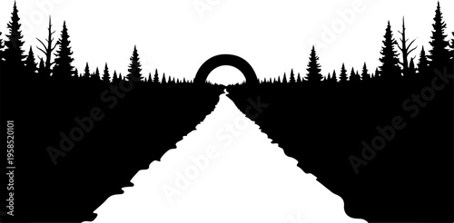 Black silhouette forest landscape, trees and sun, vector illustration, nature background