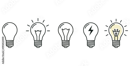 Sequence illustrating the step by step process of an idea developing from an unlit concept to a brightly shining illumination representing innovation and thought.