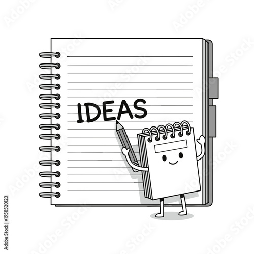 Smiling notebook with pencil character.