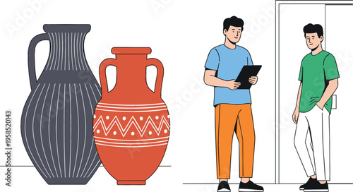 Flat vector illustration of professional museum curators or gallery staff discussing ancient ceramic pottery vases and historical artifacts in a modern exhibition room.