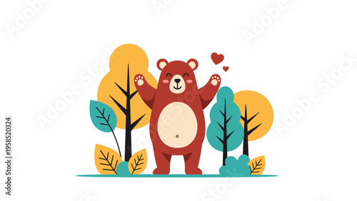 Cute brown bear standing with open arms in a forest of colorful trees with small red hearts floating nearby.