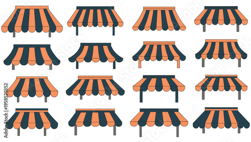 Large set of striped store awnings with orange and dark blue patterns in various shapes and sizes for shop fronts.