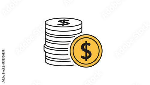 Stack of silver dollar coins with a single gold coin standing in front showing the dollar symbol on a white background.