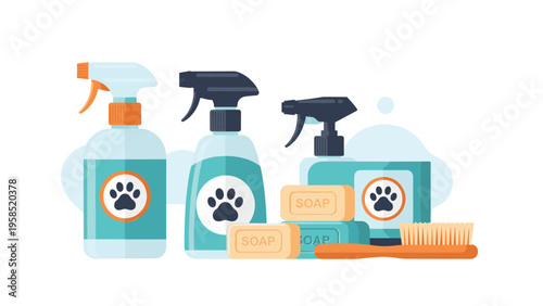 Assortment of pet grooming and cleaning supplies including spray bottles soaps and a brush featuring paw print icons.