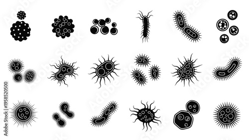 Scientific illustration of various bacterial microbes and microscopic organisms shown in detailed black and white shapes.