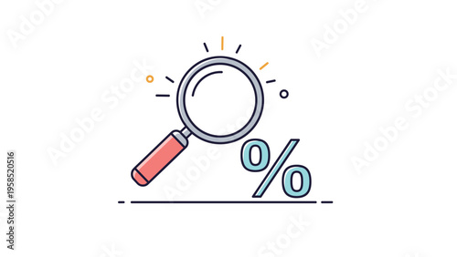 Magnifying glass focusing on a blue percentage sign representing financial analysis, statistics, discounts, or tax research.