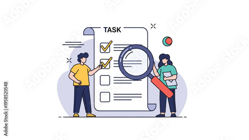 Team of people collaborating to complete items on a large task list using a magnifying glass for careful quality review.