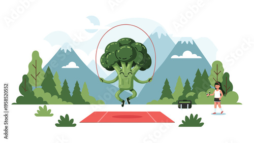 Healthy lifestyle concept featuring a cute broccoli character jumping rope in a scenic mountain landscape during a workout.