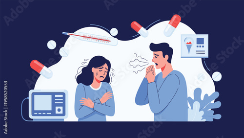 Medical illustration of sick people suffering from symptoms like fever and cough surrounded by pills and thermometers.