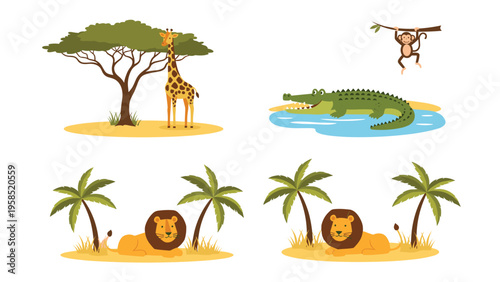 Collection of African savanna animals including a giraffe, crocodile, monkey, and lions resting under tropical palm trees.