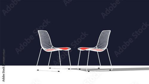 Pair of modern minimalist wire chairs facing each other in a dark empty room creating a space for quiet conversation.