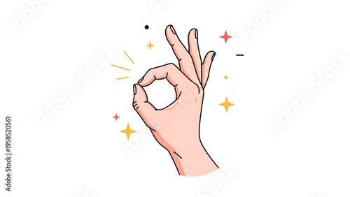 Hand making a perfect OK gesture with fingers surrounded by decorative sparkles and shapes on a clean white background.