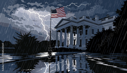 Historic Residence Under Intense Storm with Lightning Strike and Heavy Rain Reflection on Ground president white house