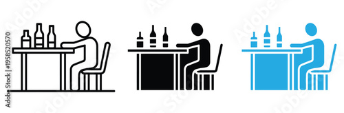 Man Sitting at Bar Counter with Alcohol Bottles Icon Set in Outline Silhouette and Flat Design for Nightlife and Hospitality