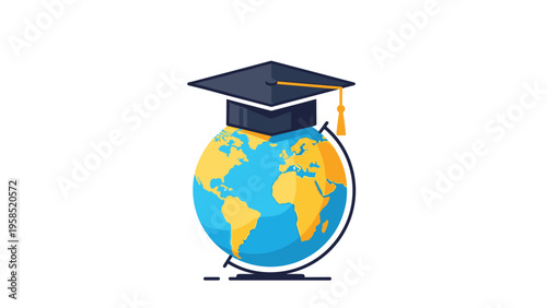 Academic success concept featuring a black graduation cap with a gold tassel resting on top of a colorful world globe.