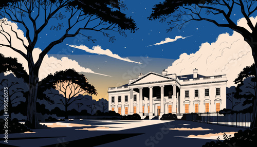 Neo classical governmental building facade with illuminated windows framed by dark tree silhouettes under a twilight sky president white house