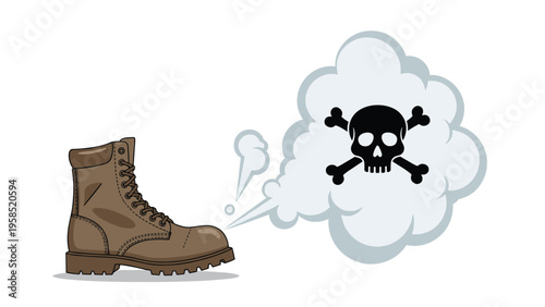 Safety and hygiene concept featuring a work boot with a toxic skull and crossbones cloud representing foot odor or hazards.