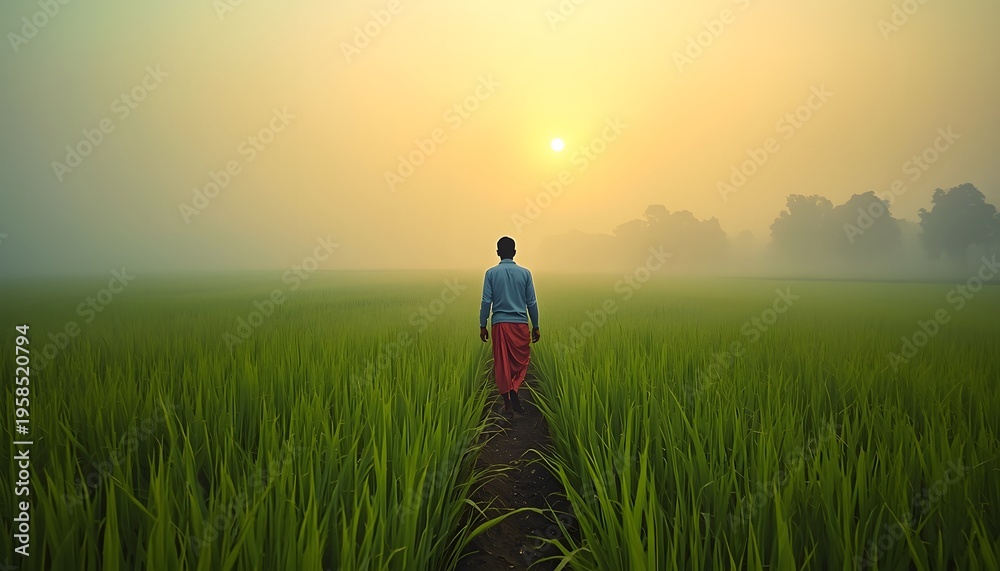 Fototapeta premium A man walks down a path through a green field towards a beautiful sunrise