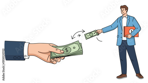 Businessman in a blue suit handing over cash to another hand in a gesture of payment or financial transaction against a white background.