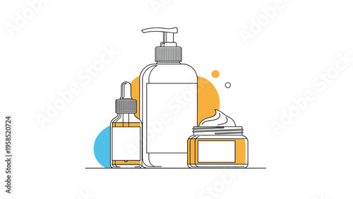 Set of various cosmetic skincare products including a pump bottle dropper bottle and cream jar with minimal line art and color accents.