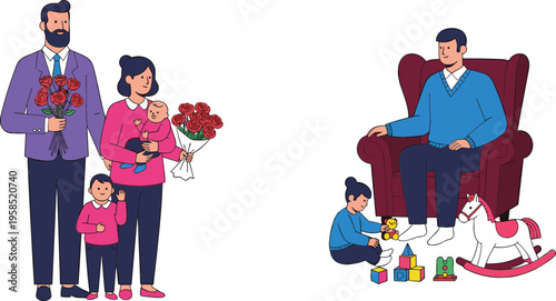 Flat vector illustration set of a happy family holding flower bouquets and a father playing with a child using wooden blocks and a rocking horse.
