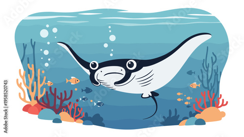 Giant manta ray swimming gracefully in the deep blue ocean surrounded by colorful coral reefs and small tropical fish in vector style.