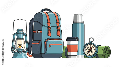 Essential outdoor camping equipment including a large blue backpack oil lantern thermos coffee cup and compass arranged on a white floor.