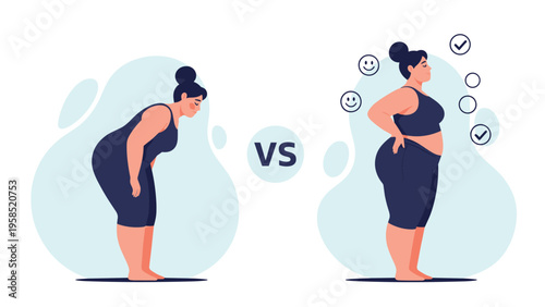 Comparison illustration of a plus size woman showing the difference between poor slouching posture and confident upright standing pose.