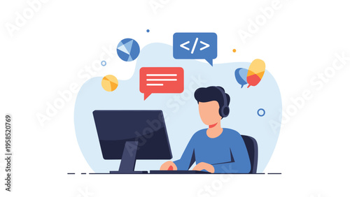 Focused young man wearing headphones working on a computer with various coding and chat bubble icons representing software development.