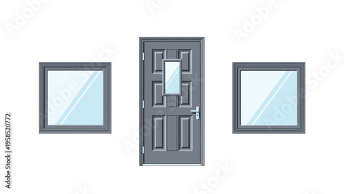 Modern grey front door design featuring a small glass window pane and matching square side windows on a plain white wall background.