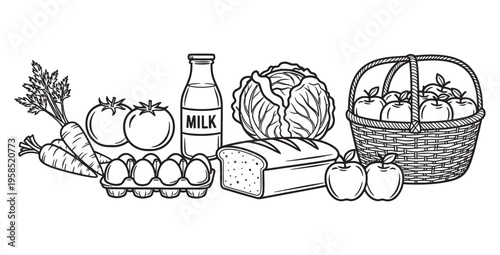 Outline illustration showcasing essential grocery items including fresh produce dairy bread and fruit basket ready for coloring activity design