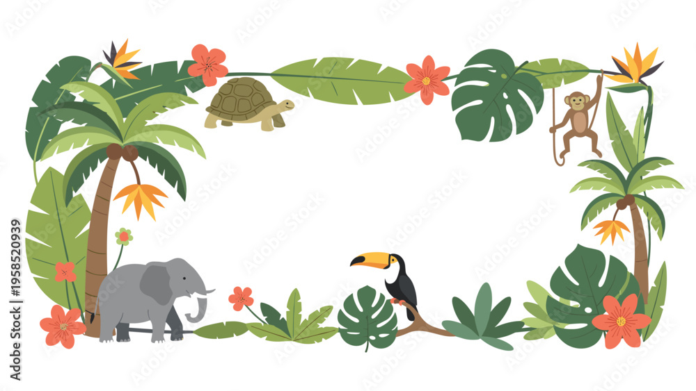 Fototapeta premium Vibrant tropical jungle frame with exotic animals like an elephant turtle monkey and toucan surrounded by palm trees and lush greenery.