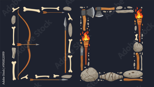 Set of stone age tools and weapons including a bow arrows spear axe and torches arranged in decorative frames on a dark background.