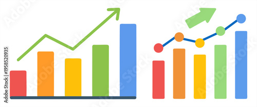 Set of business growth bar charts with rising green arrows. Financial data analysis and success concept in flat style