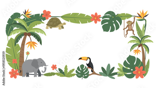 Vibrant tropical jungle frame with exotic animals like an elephant turtle monkey and toucan surrounded by palm trees and lush greenery.